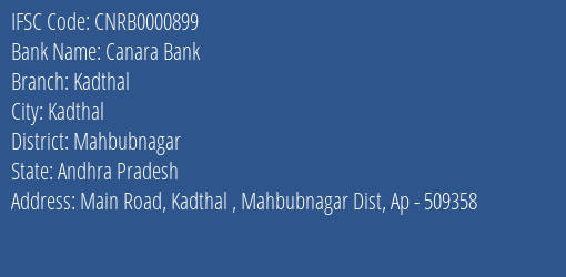 Canara Bank Kadthal Branch Mahbubnagar IFSC Code CNRB0000899