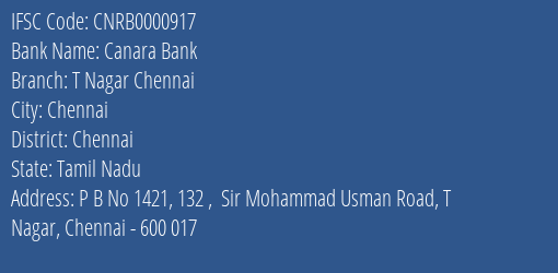 Canara Bank T Nagar Chennai Branch, Branch Code 000917 & IFSC Code CNRB0000917