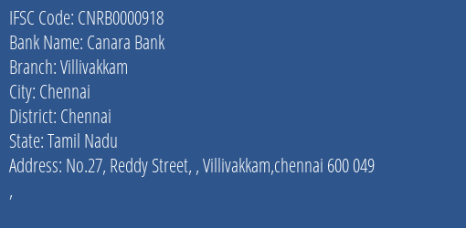 Canara Bank Villivakkam Branch, Branch Code 000918 & IFSC Code CNRB0000918