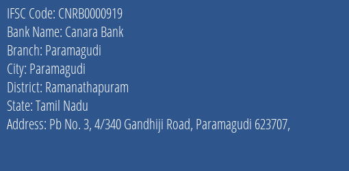 Canara Bank Paramagudi Branch, Branch Code 000919 & IFSC Code CNRB0000919