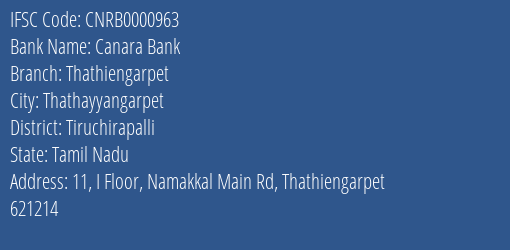 Canara Bank Thathiengarpet Branch, Branch Code 000963 & IFSC Code CNRB0000963