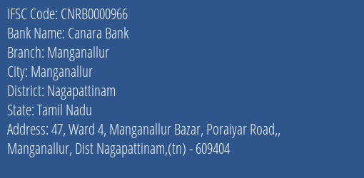 Canara Bank Manganallur Branch, Branch Code 000966 & IFSC Code CNRB0000966