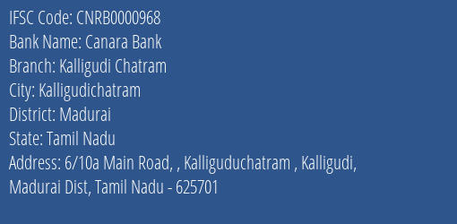 Canara Bank Kalligudi Chatram Branch, Branch Code 000968 & IFSC Code CNRB0000968
