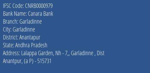 Canara Bank Garladinne Branch, Branch Code 000979 & IFSC Code CNRB0000979