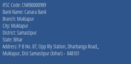 Canara Bank Muktapur Branch, Branch Code 000989 & IFSC Code CNRB0000989