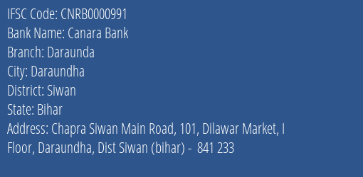 Canara Bank Daraunda Branch, Branch Code 000991 & IFSC Code CNRB0000991