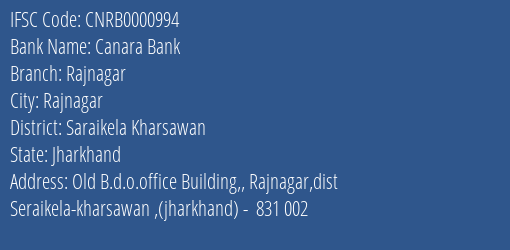 Canara Bank Rajnagar Branch, Branch Code 000994 & IFSC Code CNRB0000994