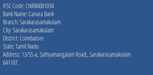 Canara Bank Sarakarasamakulam Branch Coimbatore IFSC Code CNRB0001034
