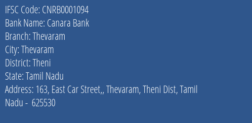 Canara Bank Thevaram Branch Theni IFSC Code CNRB0001094