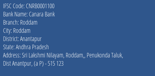 Canara Bank Roddam Branch, Branch Code 001100 & IFSC Code CNRB0001100