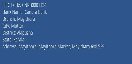 Canara Bank Mayithara Branch Alapuzha IFSC Code CNRB0001134