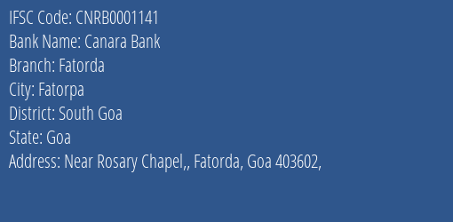Canara Bank Fatorda Branch South Goa IFSC Code CNRB0001141