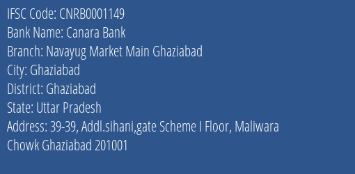Canara Bank Navayug Market Main Ghaziabad Branch, Branch Code 001149 & IFSC Code CNRB0001149
