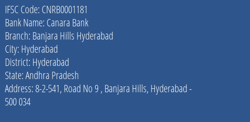 Canara Bank Banjara Hills Hyderabad Branch Hyderabad IFSC Code CNRB0001181
