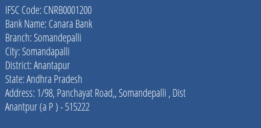 Canara Bank Somandepalli Branch, Branch Code 001200 & IFSC Code CNRB0001200