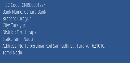 Canara Bank Turaiyur Branch, Branch Code 001224 & IFSC Code CNRB0001224