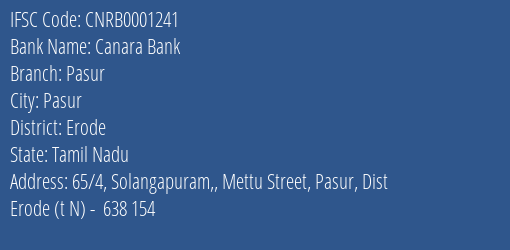 Canara Bank Pasur Branch Erode IFSC Code CNRB0001241