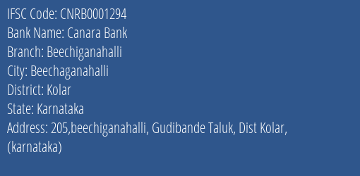 Canara Bank Beechiganahalli Branch Kolar IFSC Code CNRB0001294