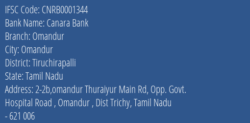 Canara Bank Omandur Branch Tiruchirapalli IFSC Code CNRB0001344