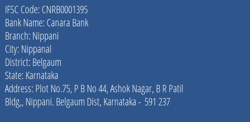 Canara Bank Nippani Branch Belgaum IFSC Code CNRB0001395