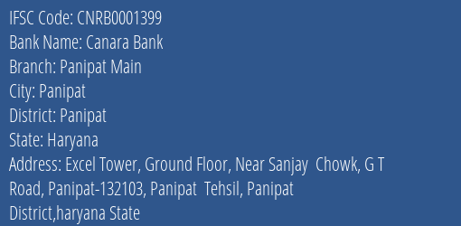 Canara Bank Panipat Main Branch Panipat IFSC Code CNRB0001399