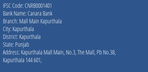 Canara Bank Mall Main Kapurthala Branch, Branch Code 001401 & IFSC Code CNRB0001401