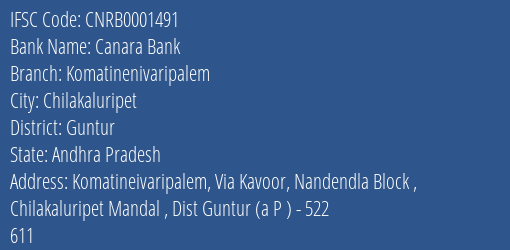 Canara Bank Komatinenivaripalem Branch Guntur IFSC Code CNRB0001491