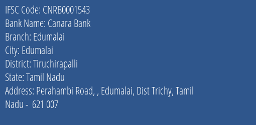 Canara Bank Edumalai Branch, Branch Code 001543 & IFSC Code CNRB0001543