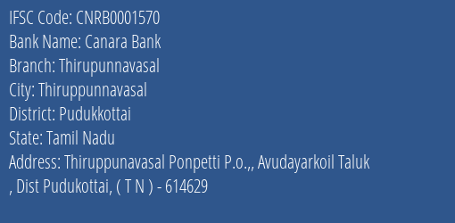 Canara Bank Thirupunnavasal Branch Pudukkottai IFSC Code CNRB0001570