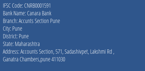Canara Bank Accunts Section Pune Branch Pune IFSC Code CNRB0001591
