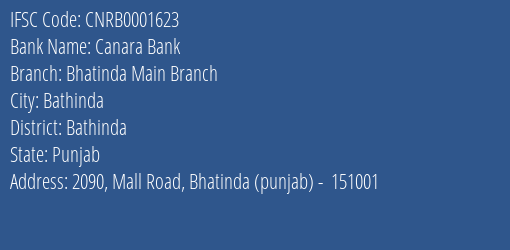 Canara Bank Bhatinda Main Branch Branch, Branch Code 001623 & IFSC Code CNRB0001623