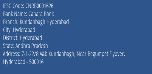 Canara Bank Kundanbagh Hyderabad Branch Hyderabad IFSC Code CNRB0001626