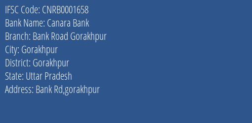 Canara Bank Bank Road Gorakhpur Branch, Branch Code 001658 & IFSC Code CNRB0001658