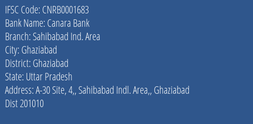 Canara Bank Sahibabad Ind. Area Branch, Branch Code 001683 & IFSC Code CNRB0001683