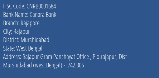 Canara Bank Rajapore Branch, Branch Code 001684 & IFSC Code CNRB0001684