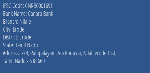 Canara Bank Nilale Branch Erode IFSC Code CNRB0001691