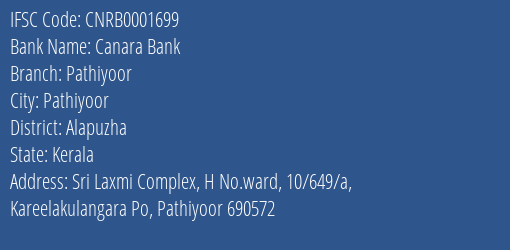 Canara Bank Pathiyoor Branch Alapuzha IFSC Code CNRB0001699