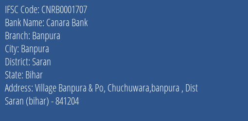 Canara Bank Banpura Branch, Branch Code 001707 & IFSC Code CNRB0001707