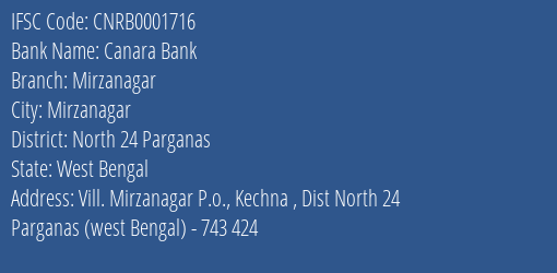 Canara Bank Mirzanagar Branch, Branch Code 001716 & IFSC Code CNRB0001716