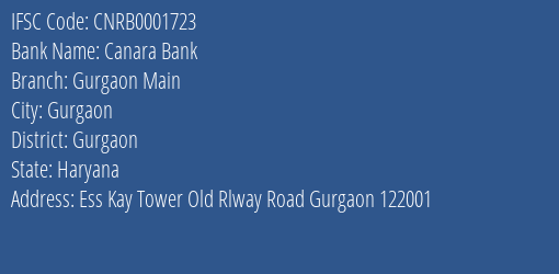Canara Bank Gurgaon Main Branch, Branch Code 001723 & IFSC Code CNRB0001723