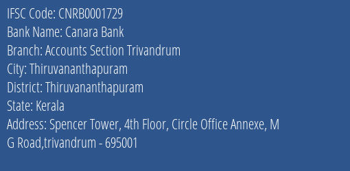 Canara Bank Accounts Section Trivandrum Branch, Branch Code 001729 & IFSC Code CNRB0001729
