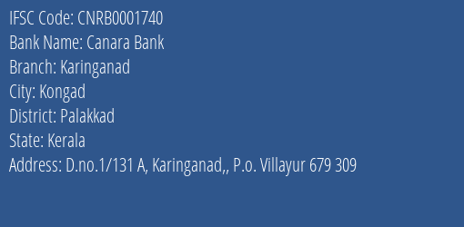 Canara Bank Karinganad Branch Palakkad IFSC Code CNRB0001740