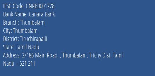 Canara Bank Thumbalam Branch, Branch Code 001778 & IFSC Code CNRB0001778