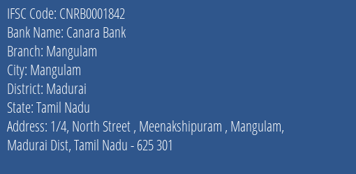 Canara Bank Mangulam Branch Madurai IFSC Code CNRB0001842