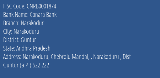 Canara Bank Narakodur Branch Guntur IFSC Code CNRB0001874