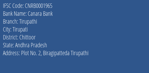 Canara Bank Tirupathi Branch Chittoor IFSC Code CNRB0001965