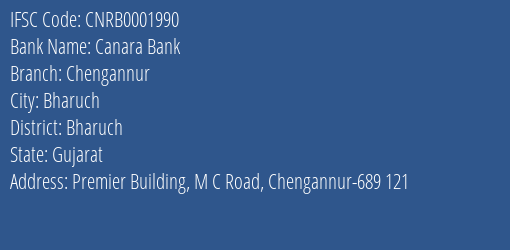 Canara Bank Chengannur Branch, Branch Code 001990 & IFSC Code CNRB0001990