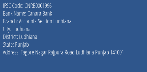 Canara Bank Accounts Section Ludhiana Branch Ludhiana IFSC Code CNRB0001996