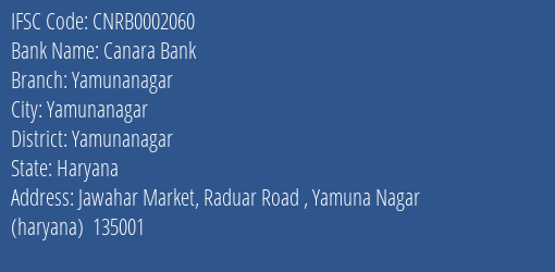 Canara Bank Yamunanagar Branch IFSC Code