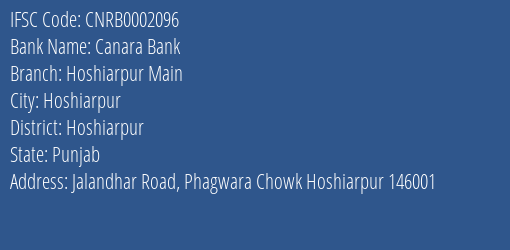 Canara Bank Hoshiarpur Main Branch, Branch Code 002096 & IFSC Code CNRB0002096
